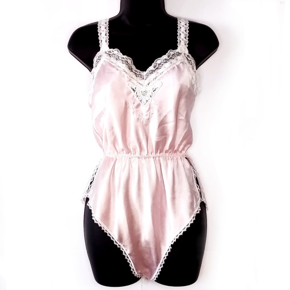 Vintage Barbizon Sexy Pink Satin Teddy Lace Trim One Piece Lingerie